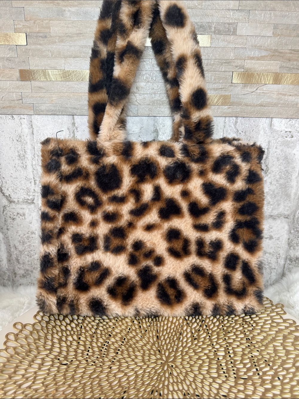 Faux Fur Leopard Print Tote Bag - Tan Leopard